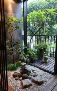 aménagement de balcon style jardin japonais avec érable en pot et pas japonais