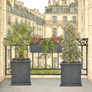 Balcon soleil 2m² aménagé avec olivier, palmier Chamaerops et balconnière fleurie