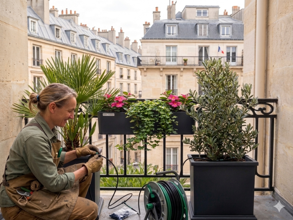 arrosage automatique Stéphanie fondatrice de Mon Balcon Parisien en train d'installer un système d'arrosage automatique.